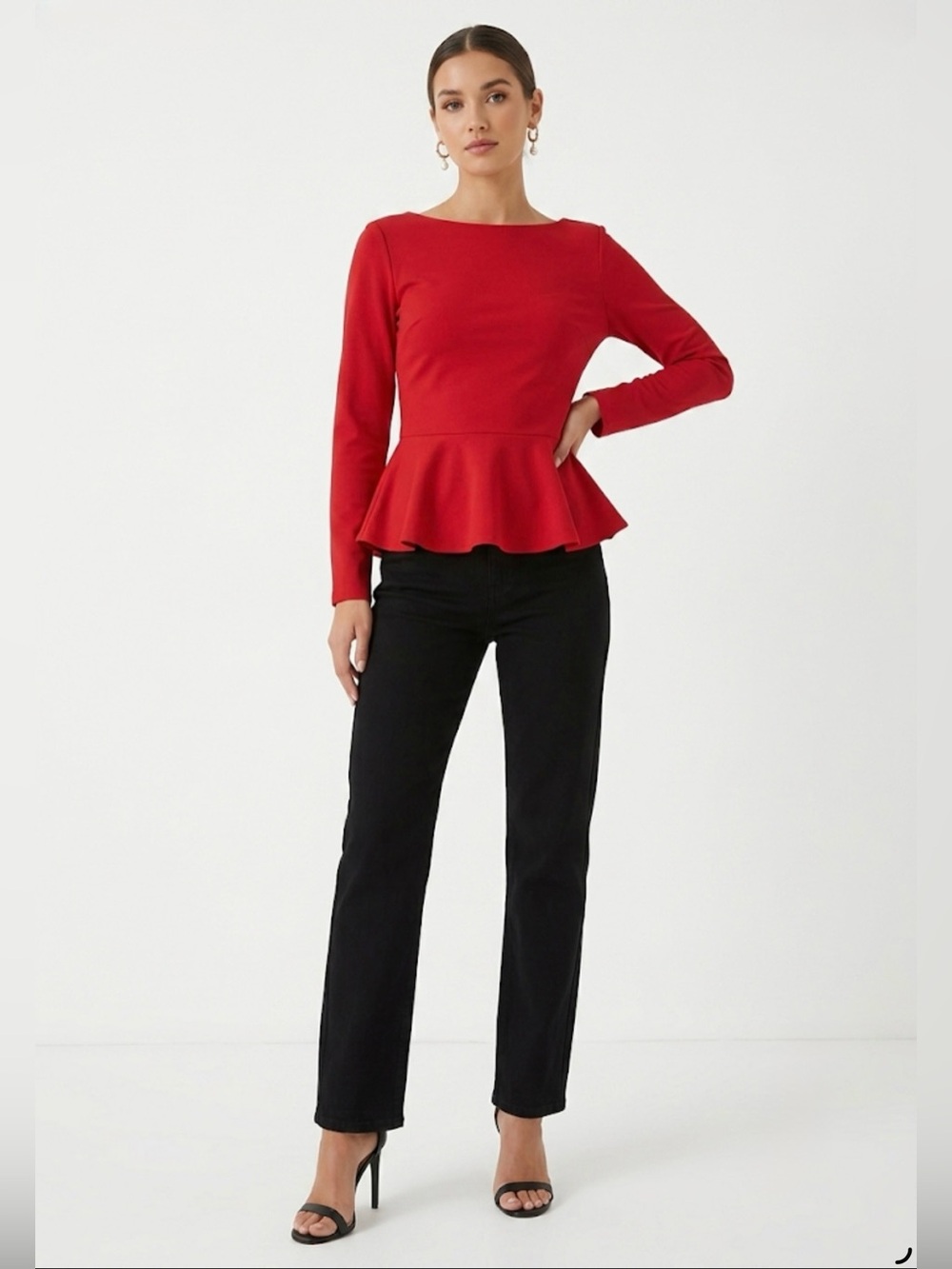 Jason Wu Red Long Sleeve Peplum Top Stretch Knit Medium